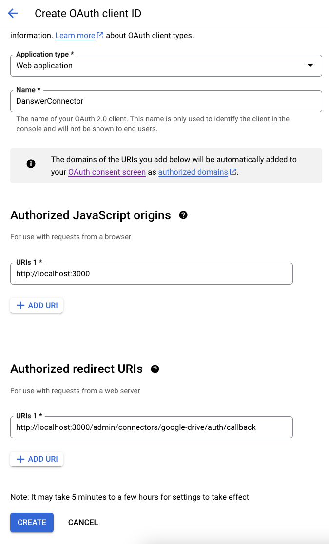 Configuring authorized origins and redirect URIs for Google Drive OAuth client