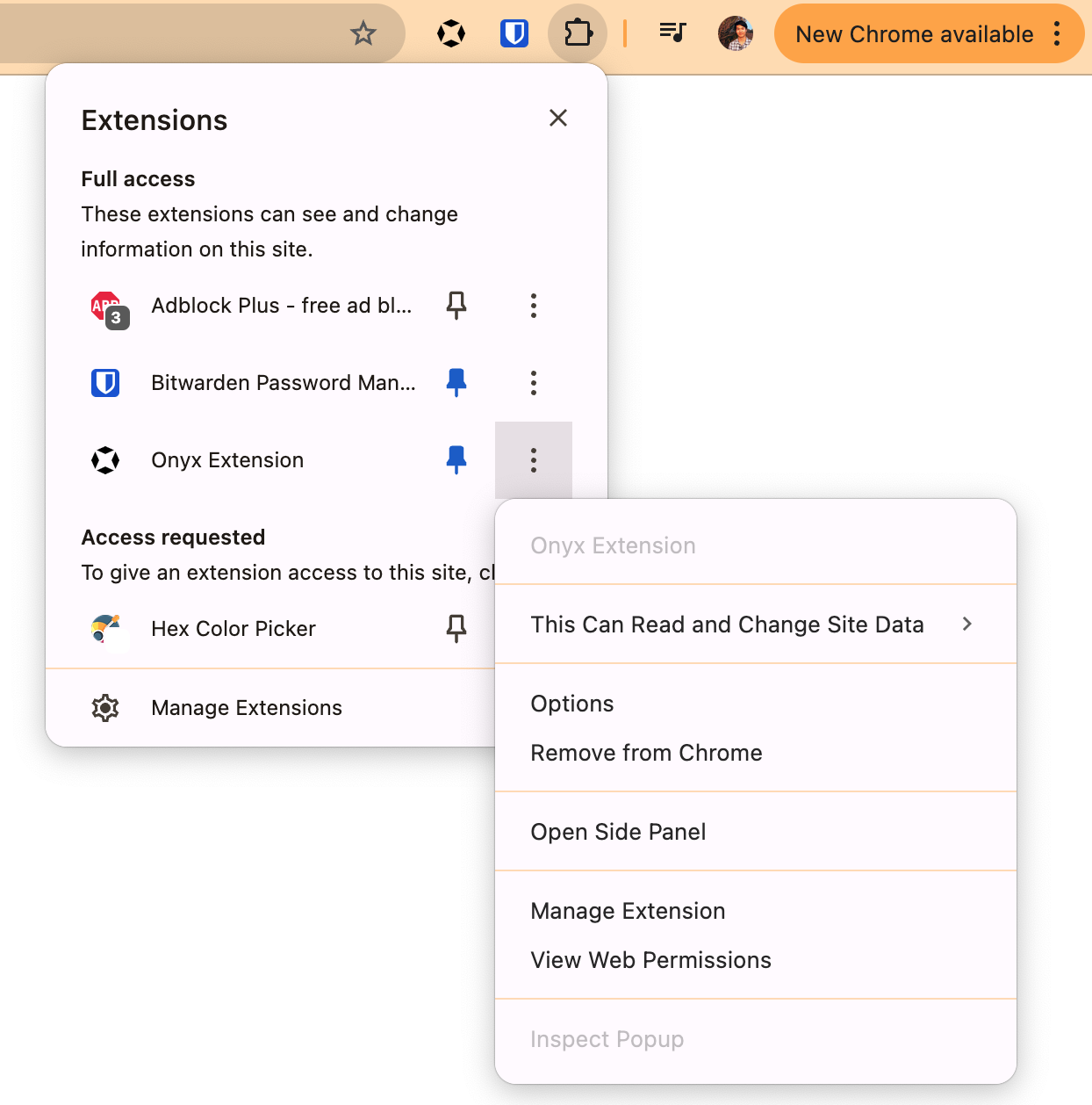 Extension Settings Menu